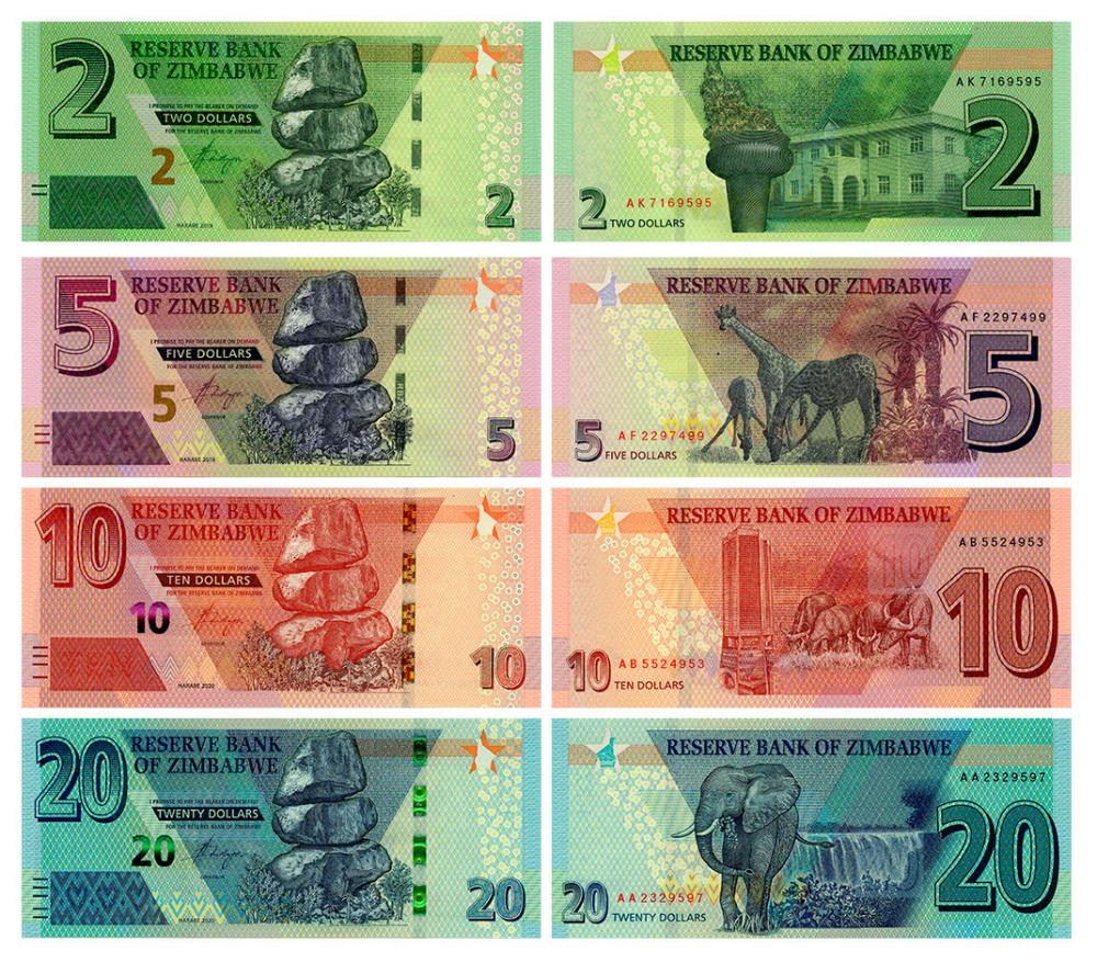 Колекційний набір з 4 банкнот Зімбабве 2019-2020 UNC 2/5/10/20 доларів (Б14613)