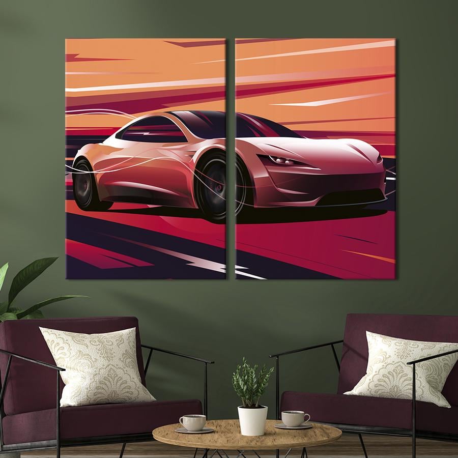 Картина на холсте Современный автомобиль Tesla Roadster 111x81 см (1404-2)
