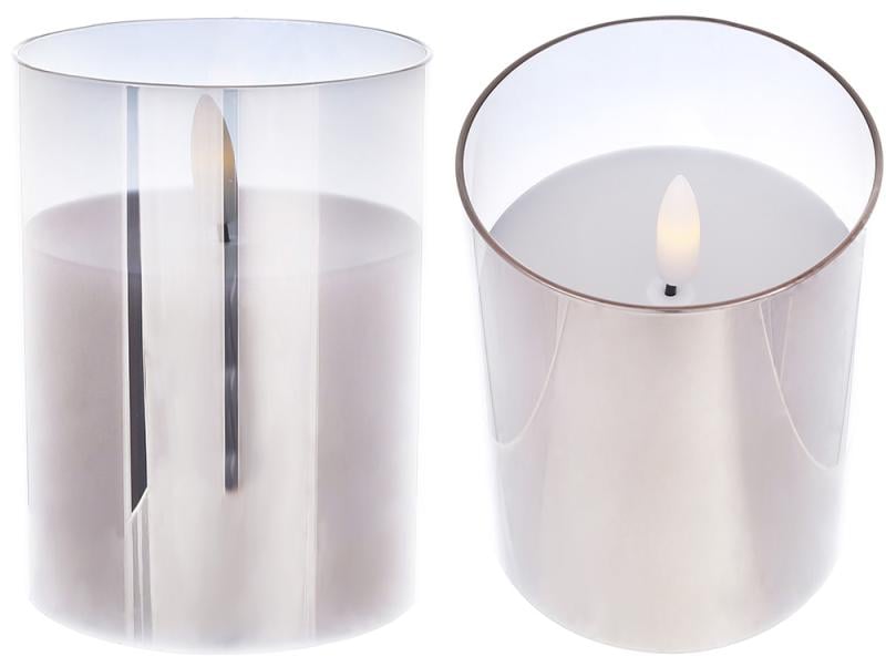 Восковая светодиодная свеча в стеклянной колбе с живым пламенем 8х10 см Дымчатый серый