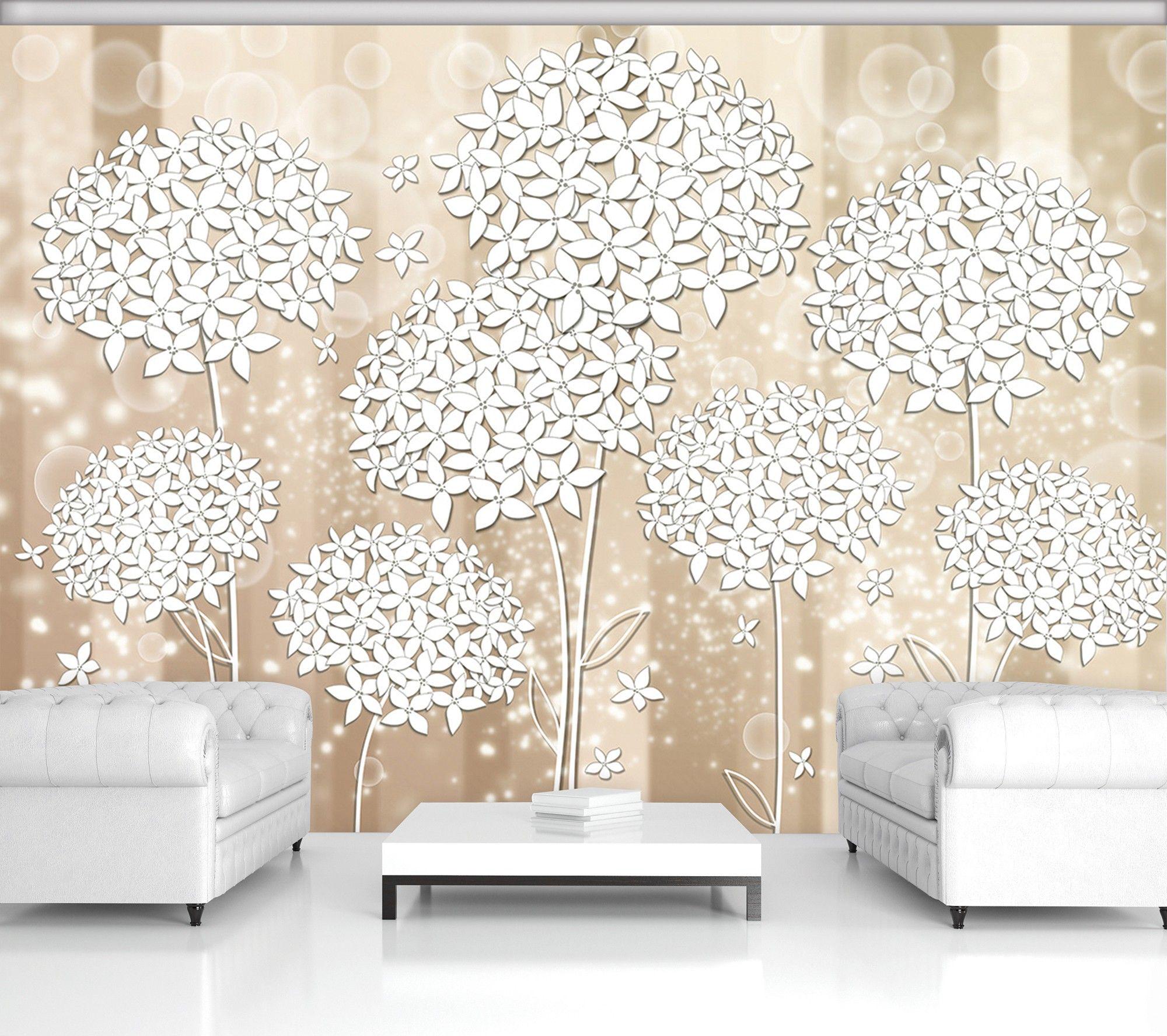 Фотообои флизелиновые Пушистые белые цветы на бежевом фоне с клеем 416x254 см (3500VEXXXL)