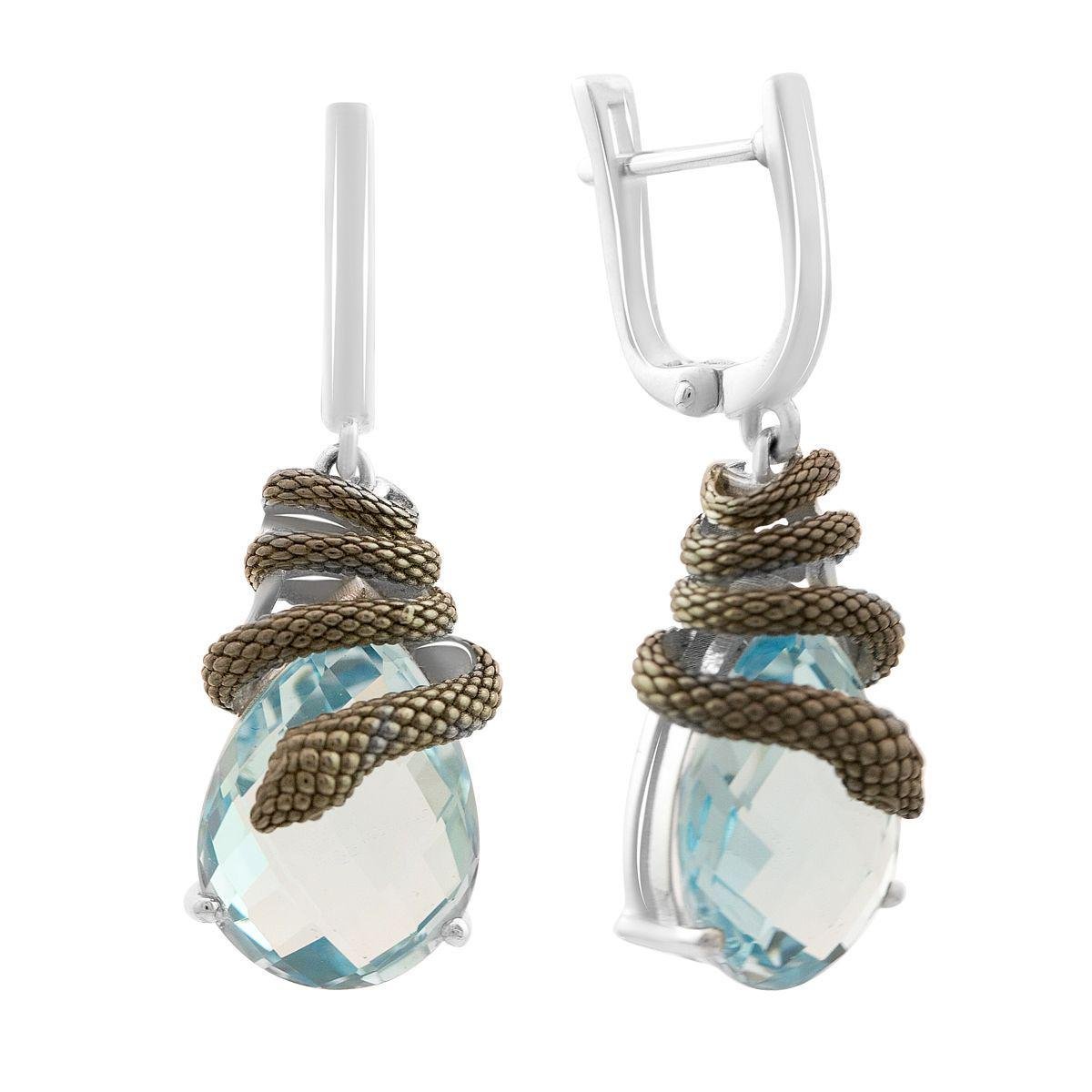 Серьги серебряные с натуральным топазом и детализацией в виде змеи