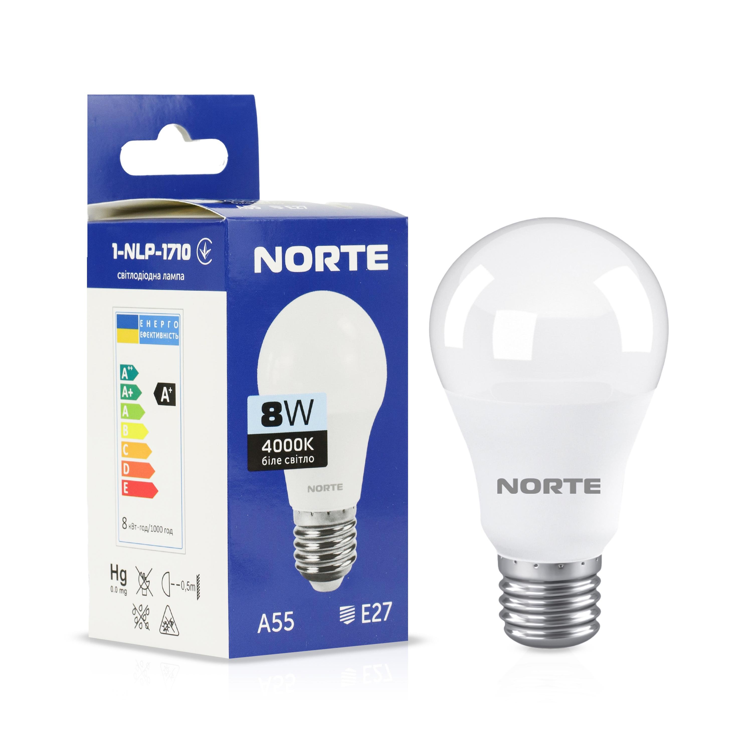 Світлодіодна лампа NORTE 8 Вт E27 A55 4000K (1-NLP-1710) Світлодіодна лампа NORTE 8 Вт E27 A55 4000K (1-NLP-1710)