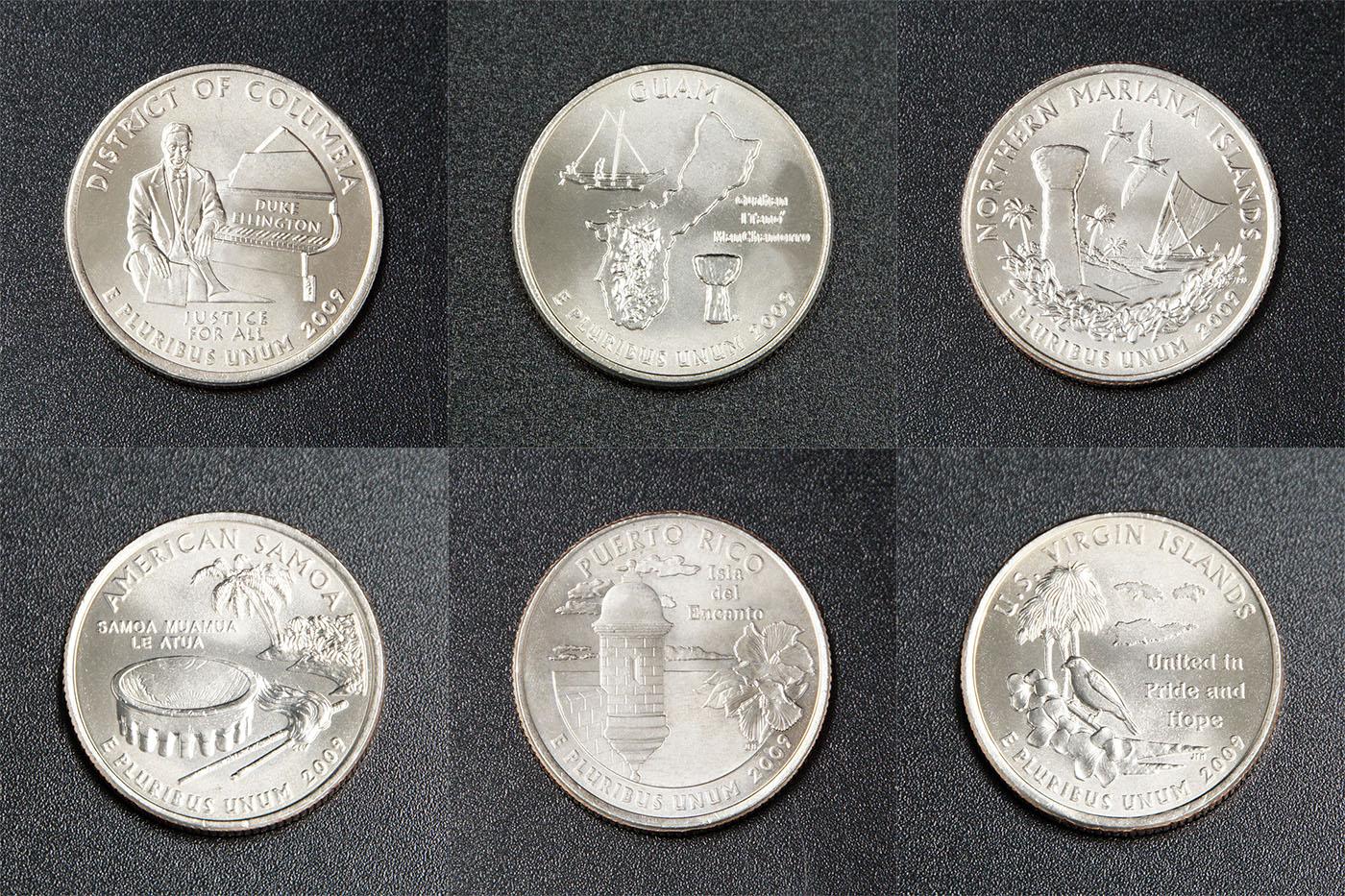 Коллекционная монета США 2009 25 центов Штаты и территории США 6 монет UNC