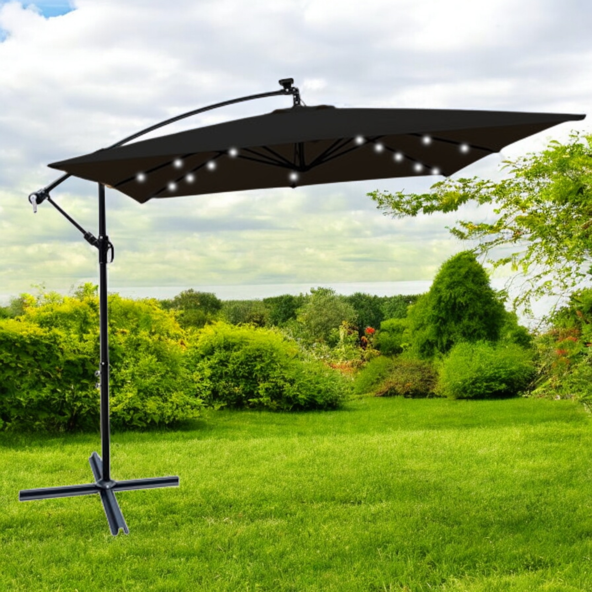 Садова парасолька квадратна WCG зі сталевою рамою LED-підсвічуванням на сонячній панелі з чохлом 2,5x2,5 м Чорний (W-7055LED-BL1)
