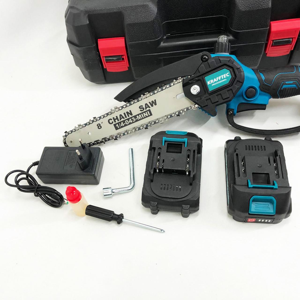 Пила мини аккумуляторная цепная Krafftec 36V 4 Ач 2 аккумулятора с индикатором заряда в кейсе 20 см - фото 2 Пила мини аккумуляторная цепная Krafftec 36V 4 Ач 2 аккумулятора с индикатором заряда в кейсе 20 см - фото 2