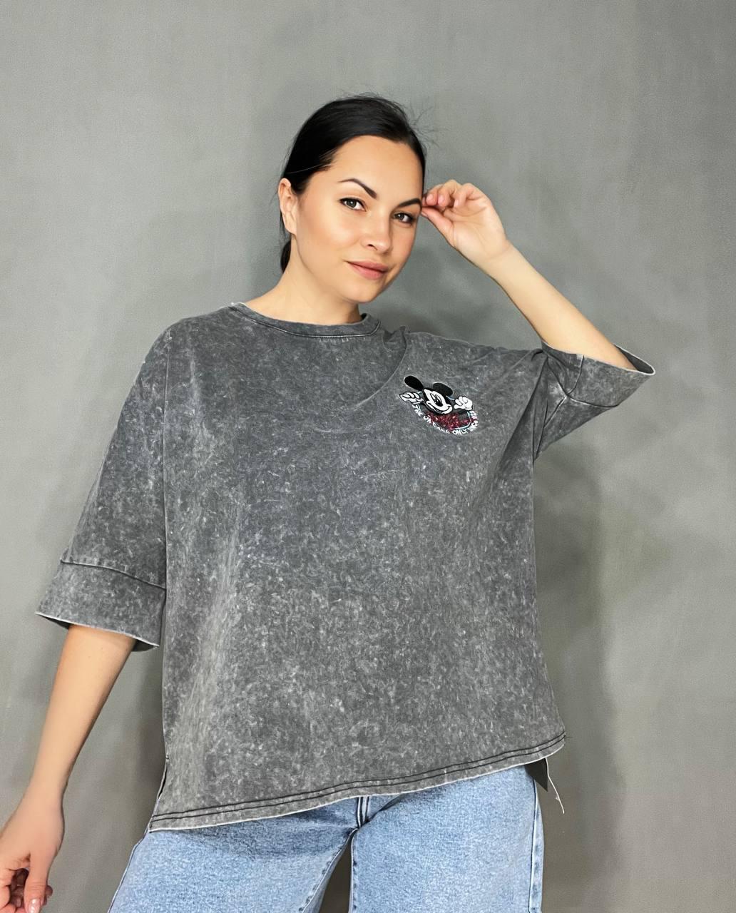Футболка женская A-N 26030 вареная тай-дай оверсайз с вышивкой Mickey Mouse XL Серый