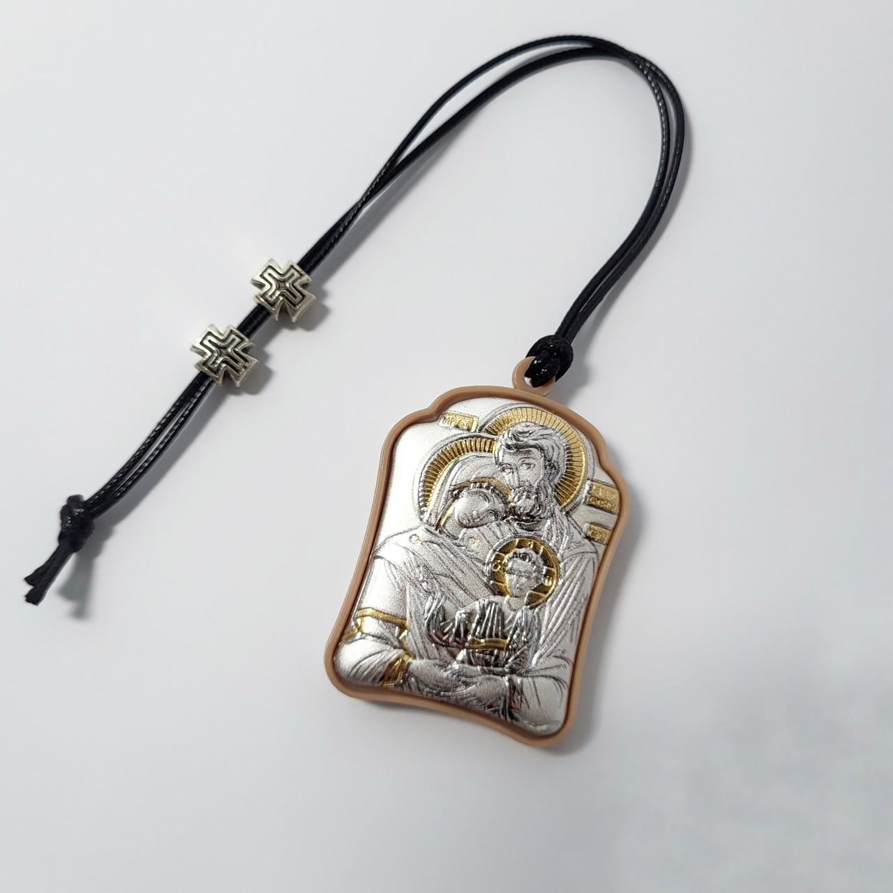 Икона автомобильная двусторонняя ладанка Иисус Святое Семейство Серебро 925 пробы Позолота