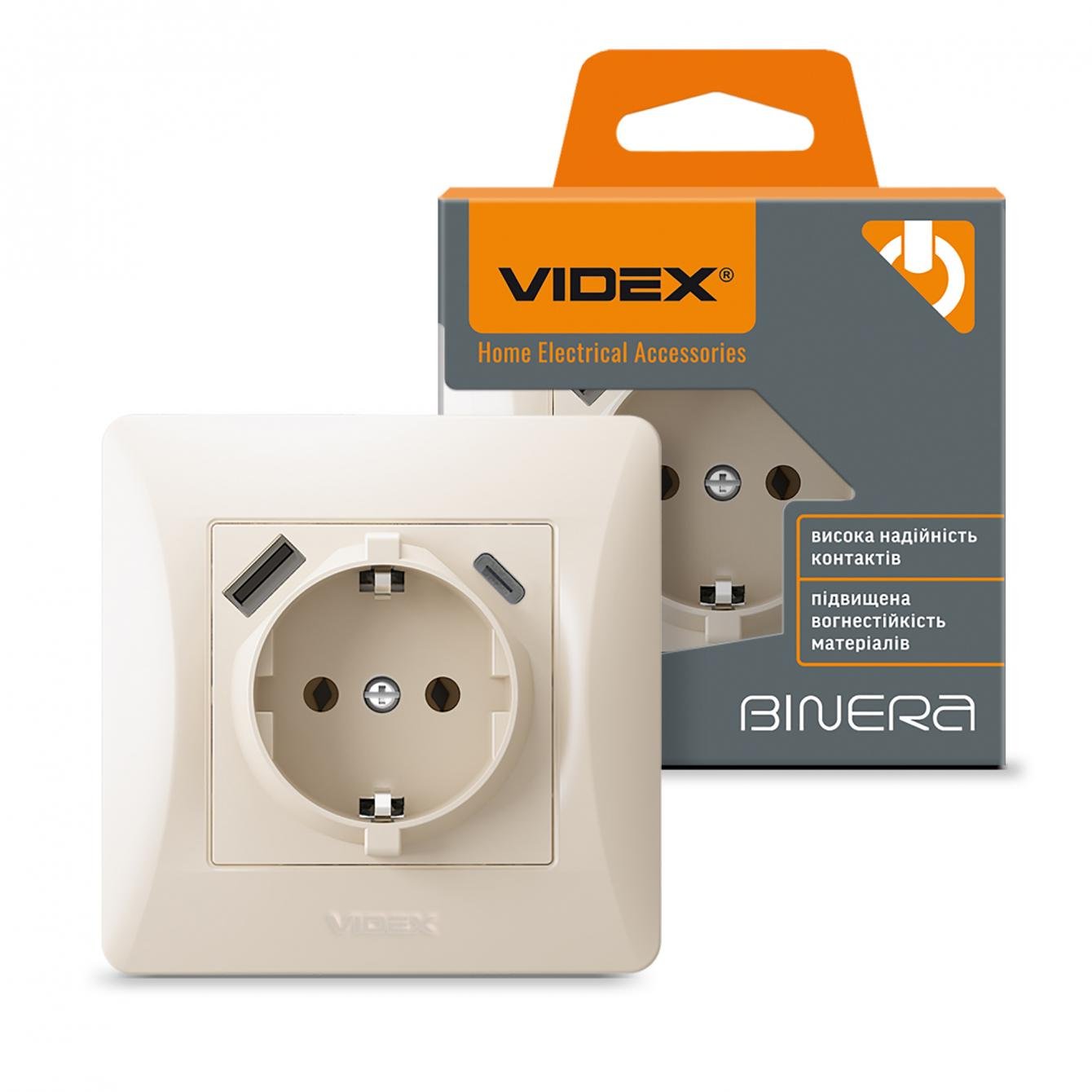 Розетка Videx Binera VF-BNSK1GUC-CR одинарная с заземлением с USB+USB-C кремовая (15379977)