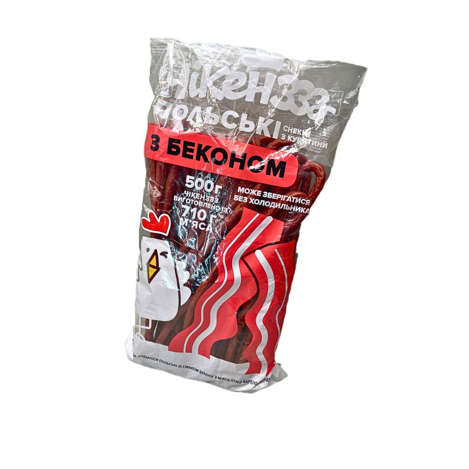 М'ясні снеки зі смаком бекону Дмитрук Чікенз польські варено-копчені 500 г (Kaban-B-500)