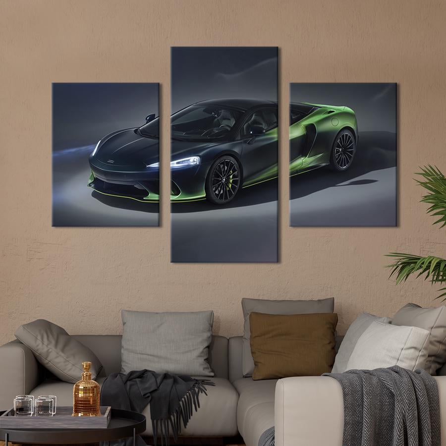 Картина на холсте триптих Суперкар McLaren GT Verdant Theme цвета хамелеон 96x60 см (1358-32)