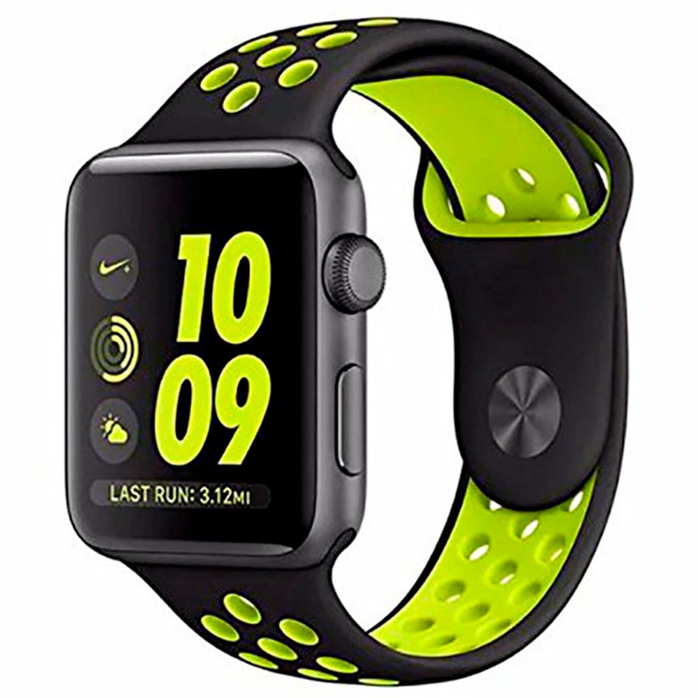 Ремешок силиконовый с перфорацией для Apple Watch 38/40/41 mm Series SE/7/6/5/4/3/2/1 Черно-салатовый