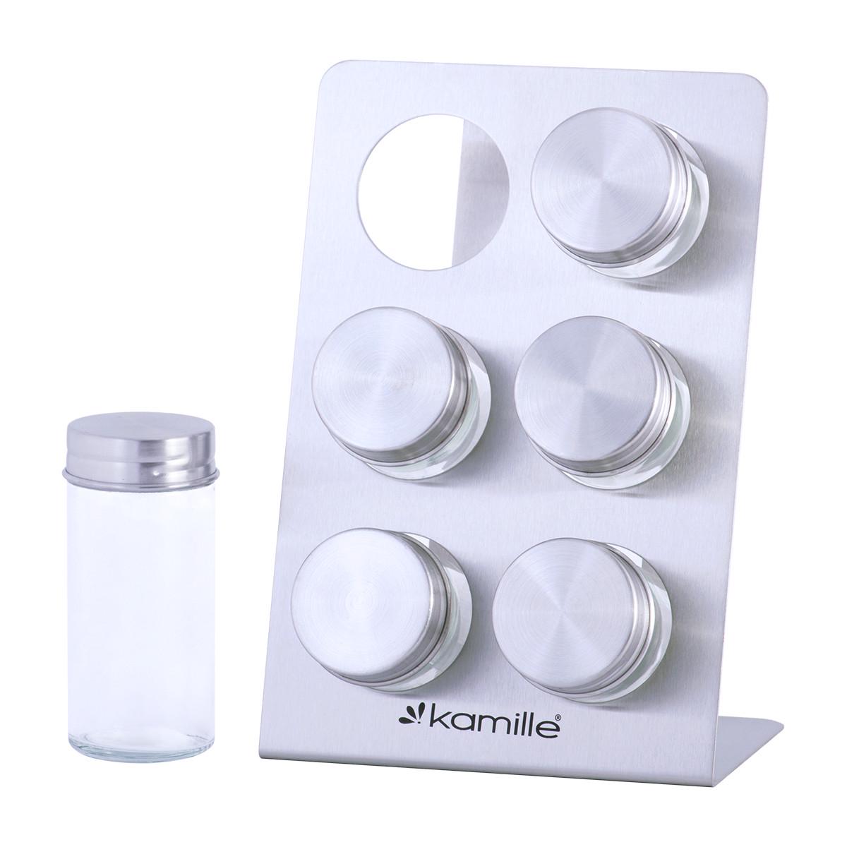 Набор емкостей для специй Kamille KM-7036 из нержавеющей стали и стекла на квадратной подставке 19,5х13,5х8,5 см 6 шт. Серебряный (150-84-7036)
