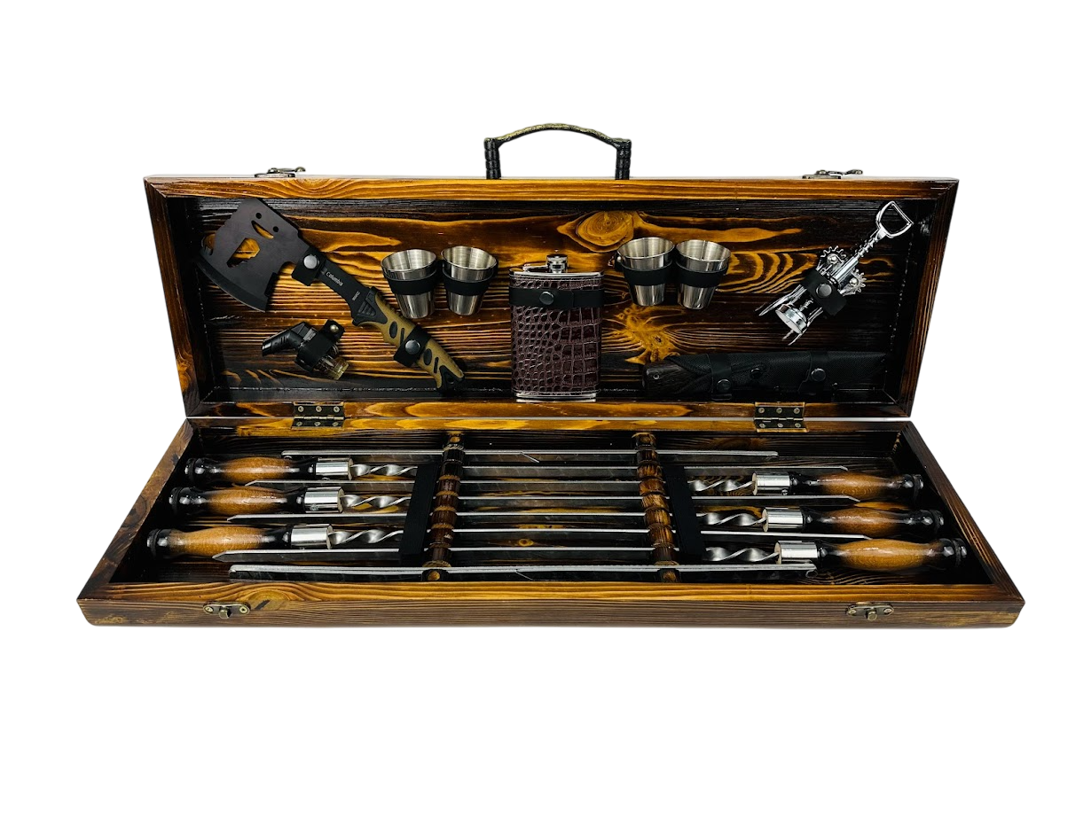 Набор шампуров ручной работы Феникс с аксессуарами 15 предметов в кейсе 75х24х10 см Коричневый (124-10-KS-7901)