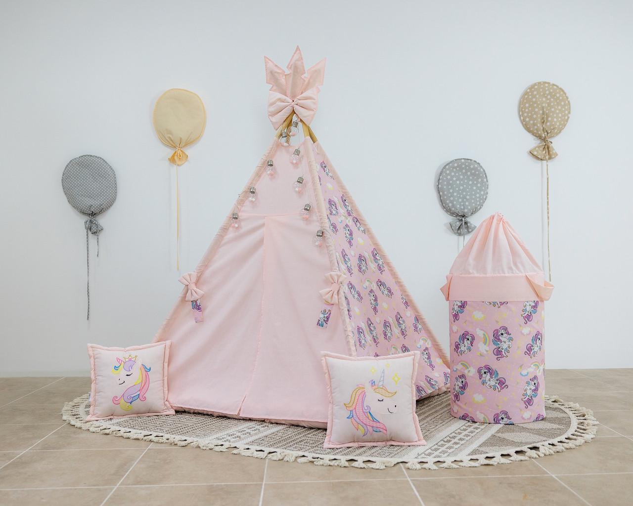 Вигвам для девочки Unicorn матрас БОН БОН с подугками и бантом с корзиной - фото 10