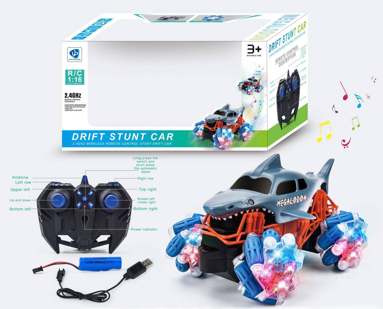 Дитяча трюкова машинка на радіокеруванні Fun Game 0088-TS Акула з підсвіткою (2013060796) - фото 7