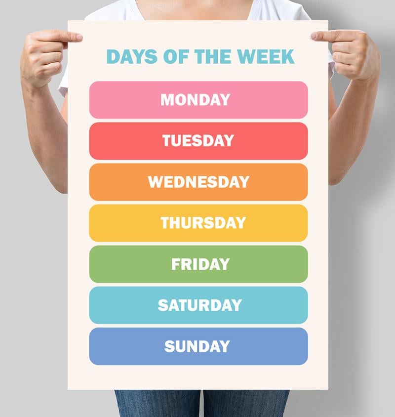 Постер для дитсадка та дитячої кімнати Дні тижня англійською мовою 42x60 см A2 (D209_A2)