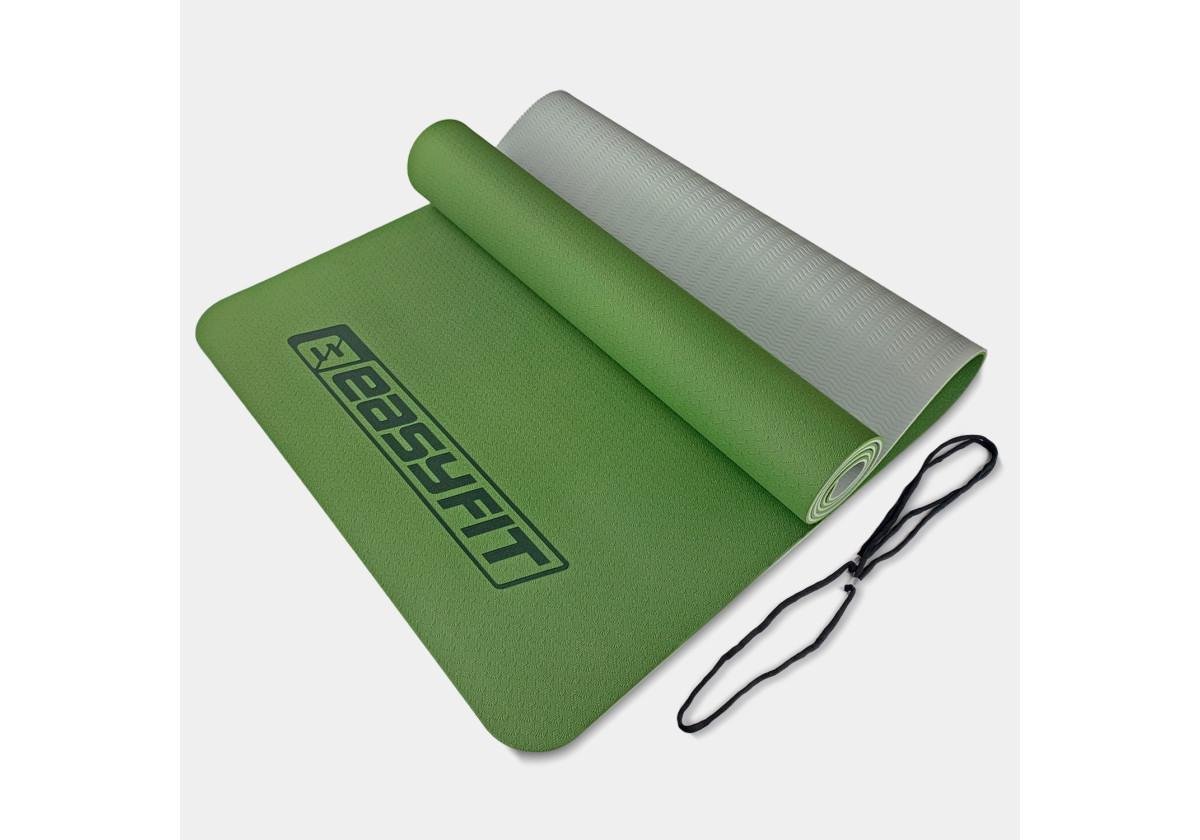 Коврик для йоги и фитнеса EasyFit TPE/TC двухслойный 6 мм Зеленый/Серый (EF-1924-GNGY) - фото 1