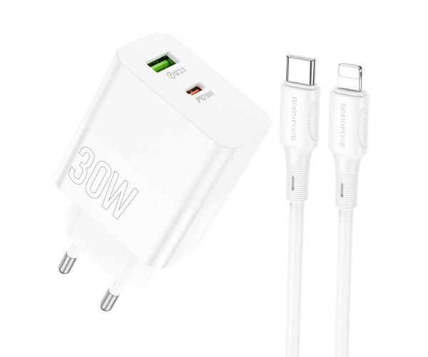 Пристрій мережевий зарядний Borofone BA75A Powerfull Type-C PD30W/USB QC3,0 Type-C to Lightning White Пристрій мережевий зарядний Borofone BA75A Powerfull Type-C PD30W/USB QC3,0 Type-C to Lightning White