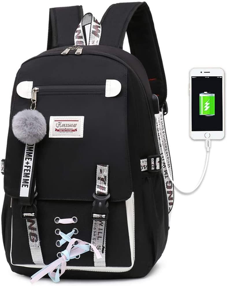Школьный рюкзак для девочек Harvard с USB портом/замочком и меховым помпоном Черный (1226011661)