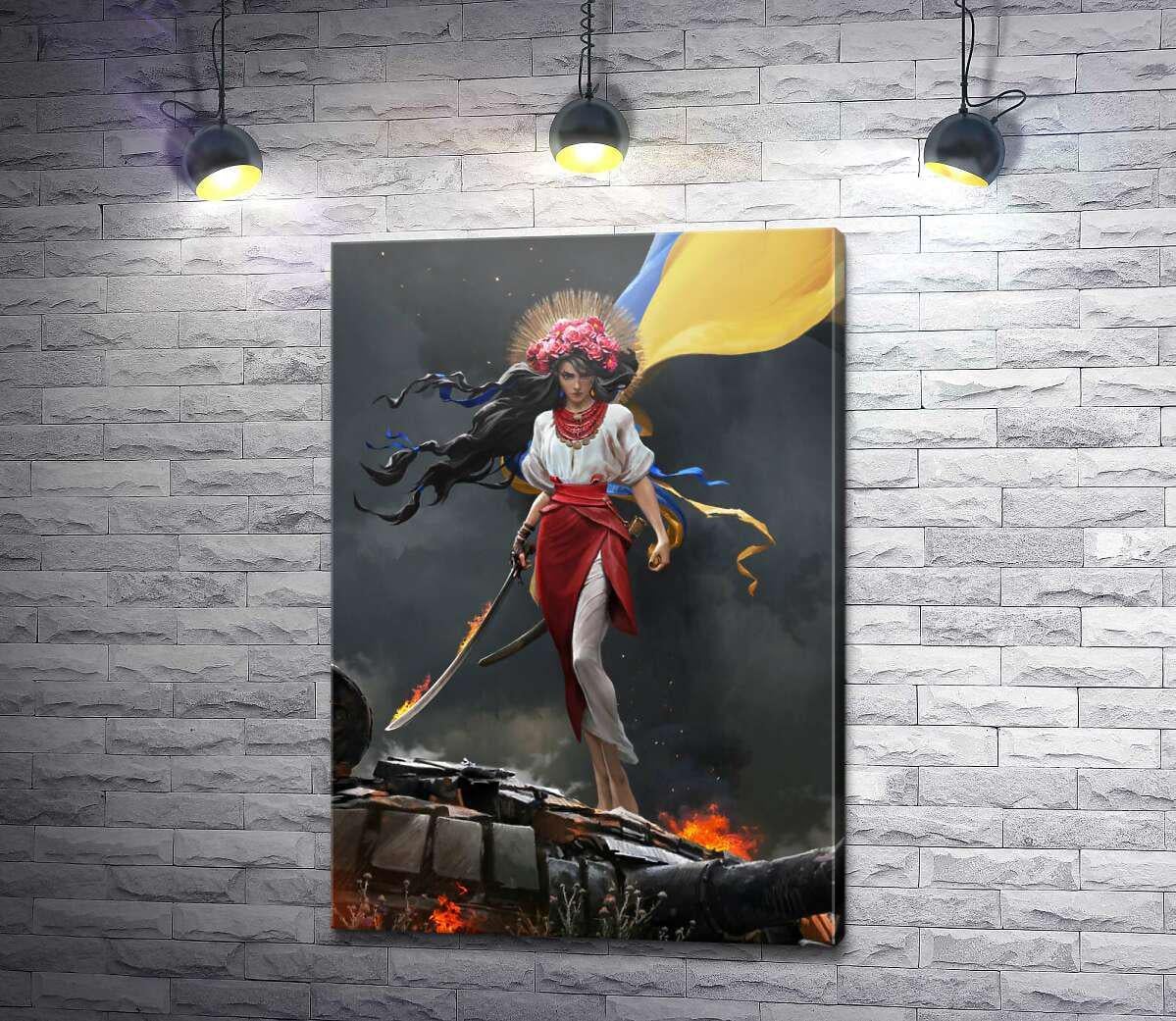 Картина ArtPoster Девушка с флагом Украины на вражеском танке 90x130 см Модуль №1 (003787)