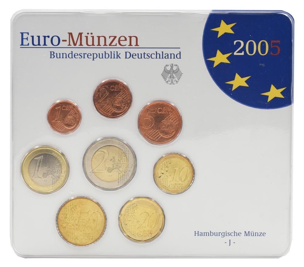 Коллекционные монеты Германия набор из 8 монет евро 2005 UNC J 1/2/5/10/20/50 евроцентов 1/2 евро в сувенирной упаковке (М23498)