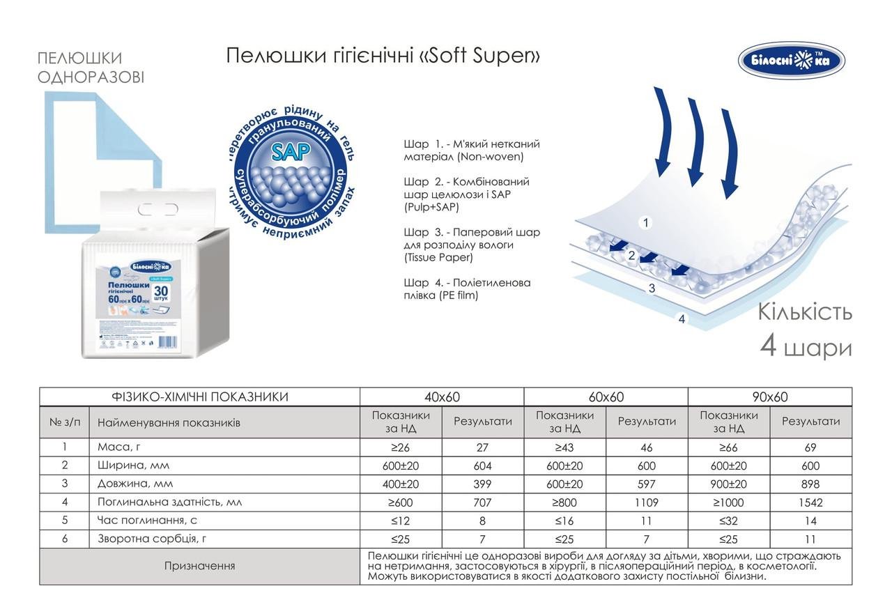 Пелюшки гігієнічні БІЛОСНІЖКА Soft Super з 4-ма адгезивними кутами 60х90 см №30 (000006154) - фото 4