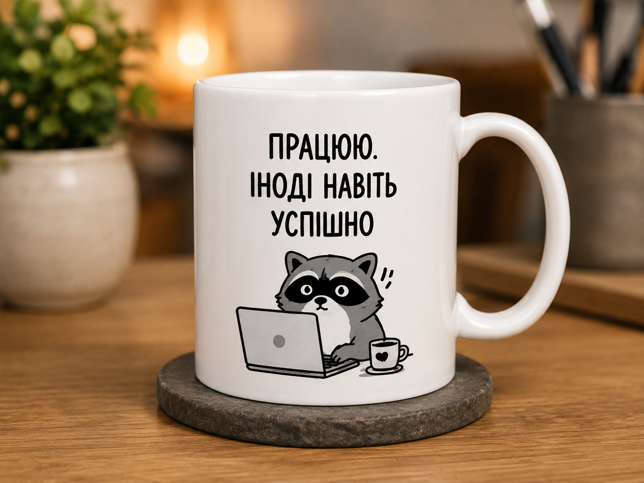 Чашка керамічна "Працюю. Іноді навіть успішно" з єнотом і ноутбуком 330 мл (3180483042) Чашка керамічна "Працюю. Іноді навіть успішно" з єнотом і ноутбуком 330 мл (3180483042)