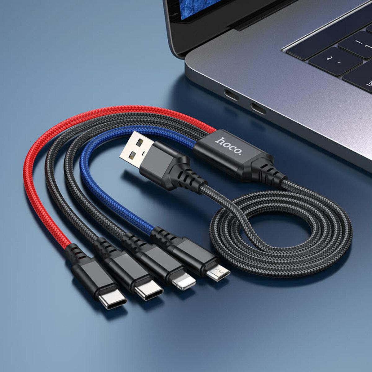 Кабель Hoco Combo 2type-C+Lightning + Micro USB X76 1 m 2A Black/Red/Blue - фото 3 Кабель Hoco Combo 2type-C+Lightning + Micro USB X76 1 m 2A Black/Red/Blue - фото 3