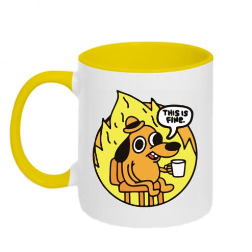 Чашка двухцветная This is fine dog meme 320 мл Белый с желтым (14744200-34-188283)