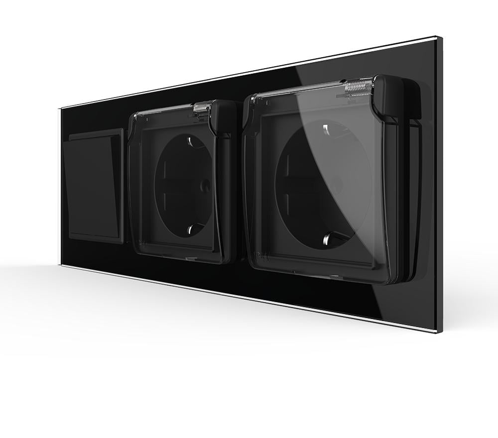 Вимикач універсальний Livolo прохідний з двома розетками/кришкою IP44 із заземленням/захисними шторками скло Чорний