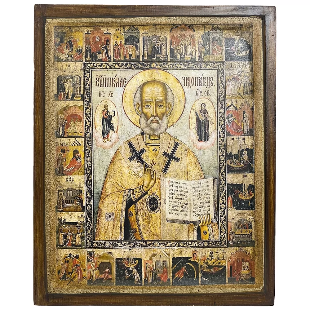 Икона Николай Чудотворец с житием на дереве 15х18 см (102-9366м)