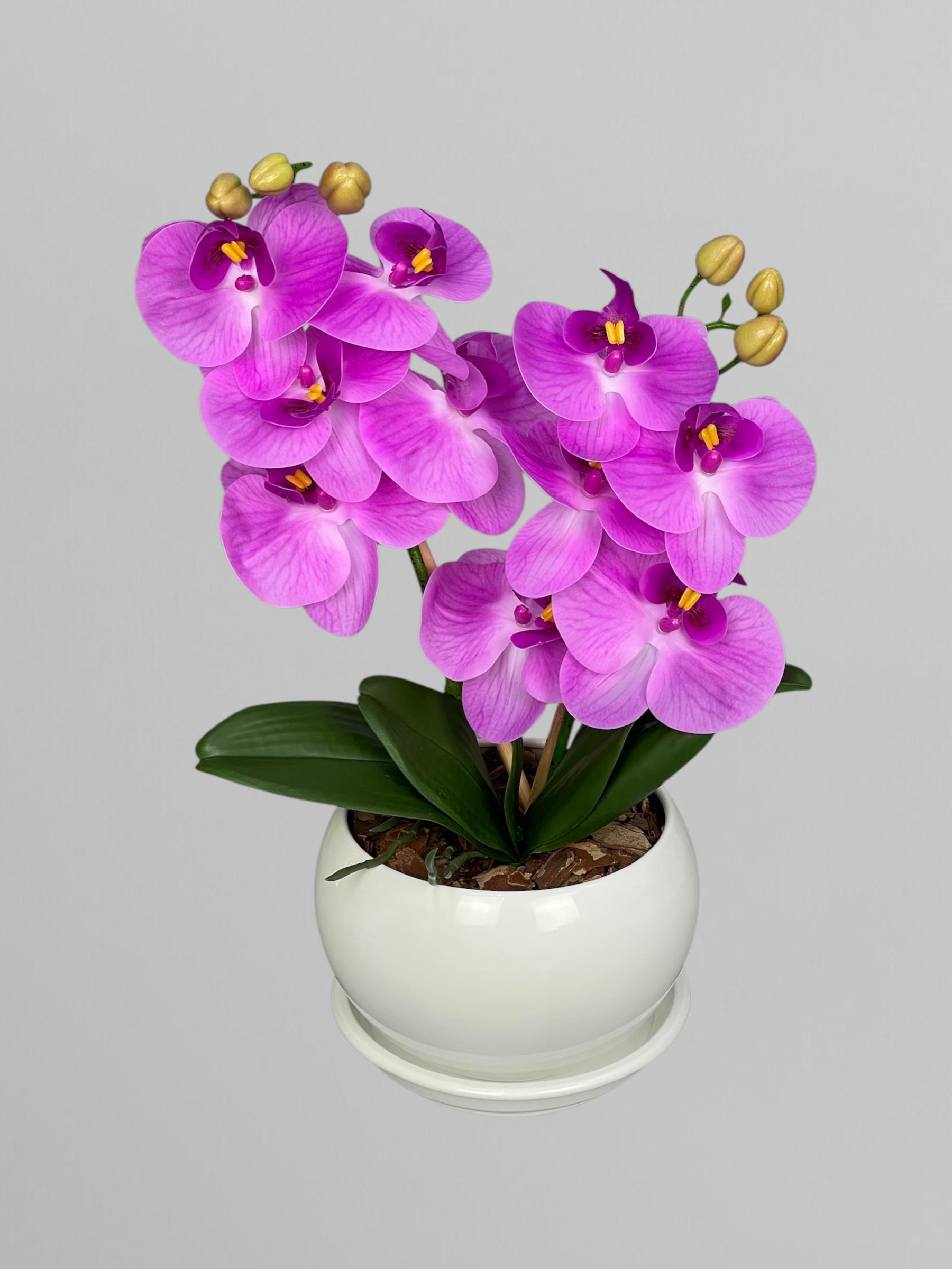 Композиция из искусственных мини орхидей из латекса 2 веточки в белом керамическом кашпо 45 см Сиреневый (А130)