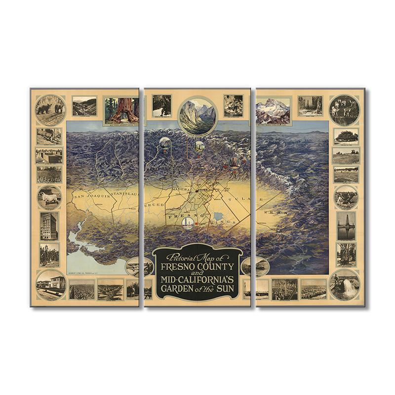 Винтажная карта Графство Фресно и Средняя Калифорния, Сад солнца 3 модуля 80x120 см