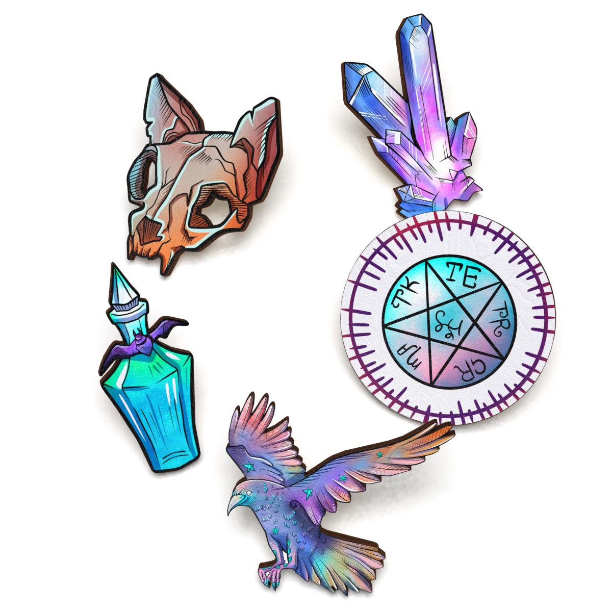 Набор значков Lex Altern Мистические символы из дерева 5 шт.