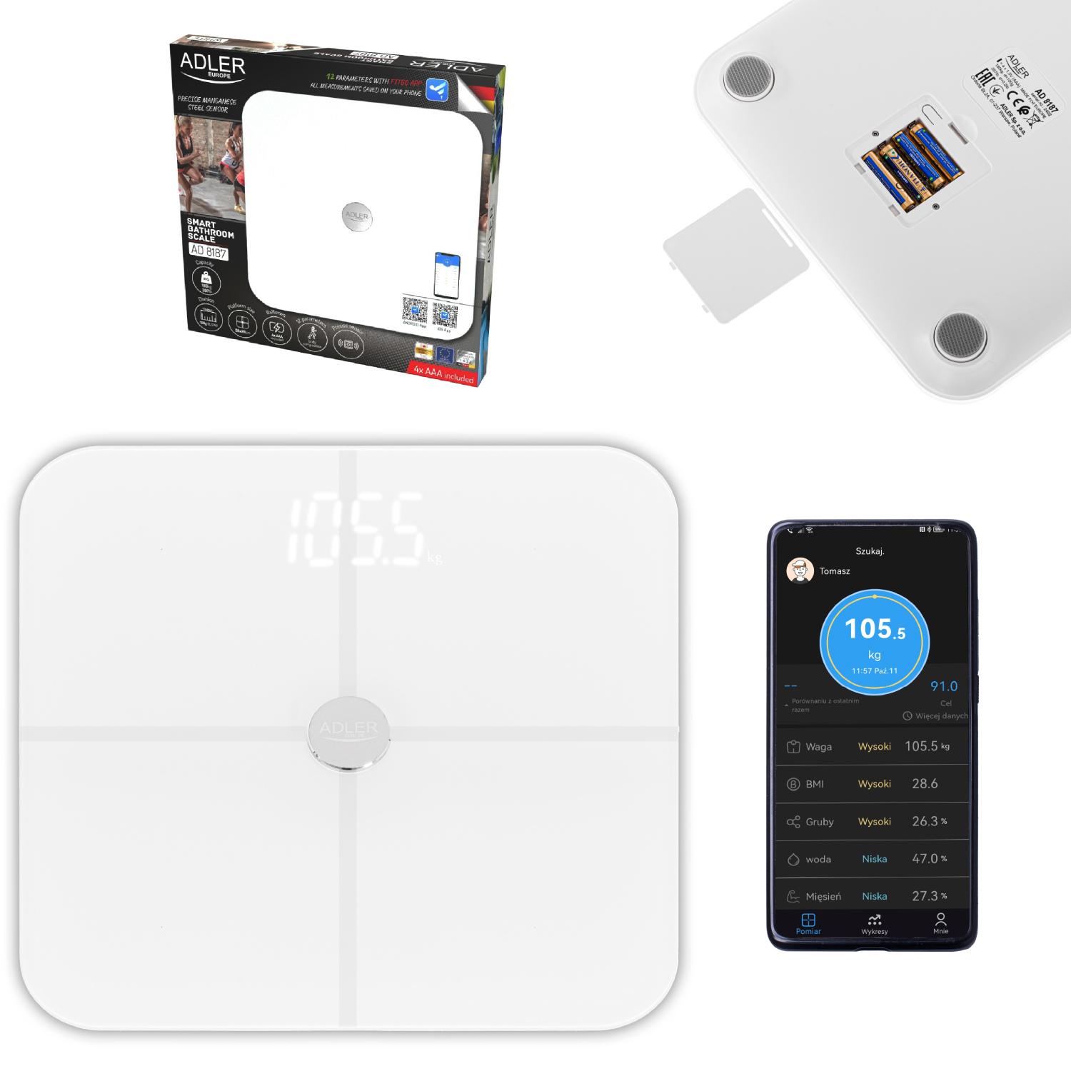 Ваги підлогові електронні Adler AD 8187 Smart до 180 кг 4хАААА автовимкнення White (AD8187W) - фото 4 Ваги підлогові електронні Adler AD 8187 Smart до 180 кг 4хАААА автовимкнення White (AD8187W) - фото 4