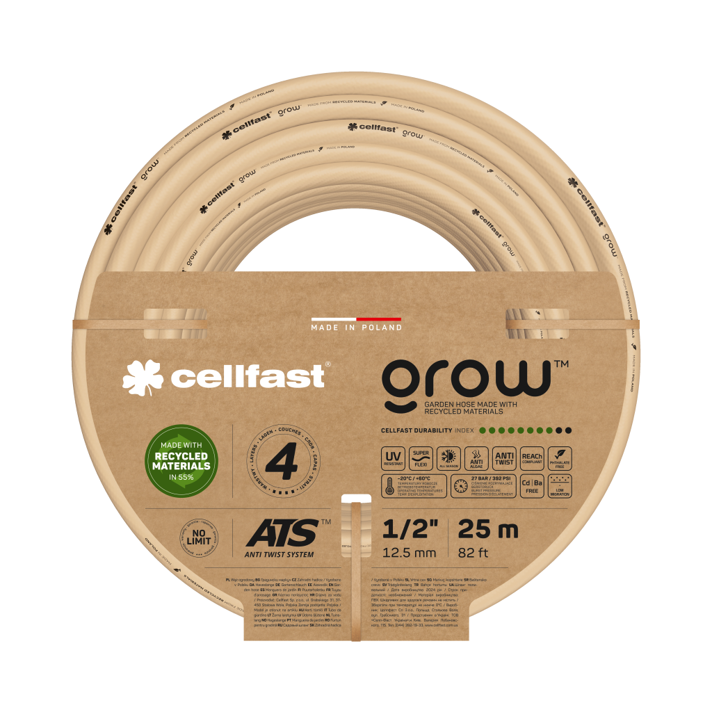 Поливочный шланг Cellfast GROW TSV 1/2" 25 м прочный/износостойкий/легкий и гибкий для ежедневного полива