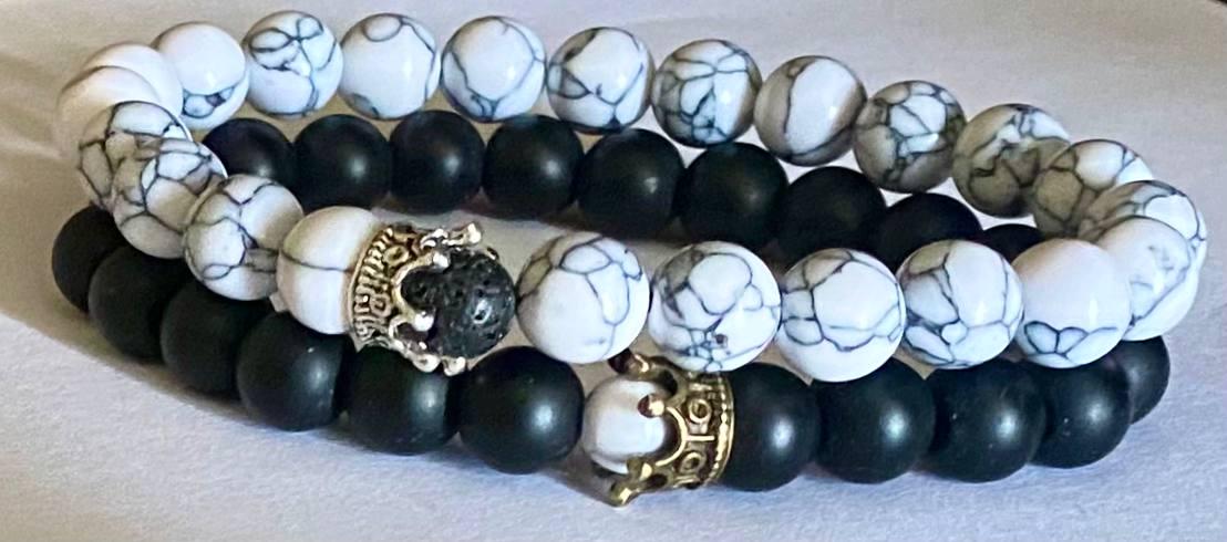 Браслет LITAURS из натурального камня говлит/шунгит и металлическими вставками L 18-21 см 2 шт. (250409-1)