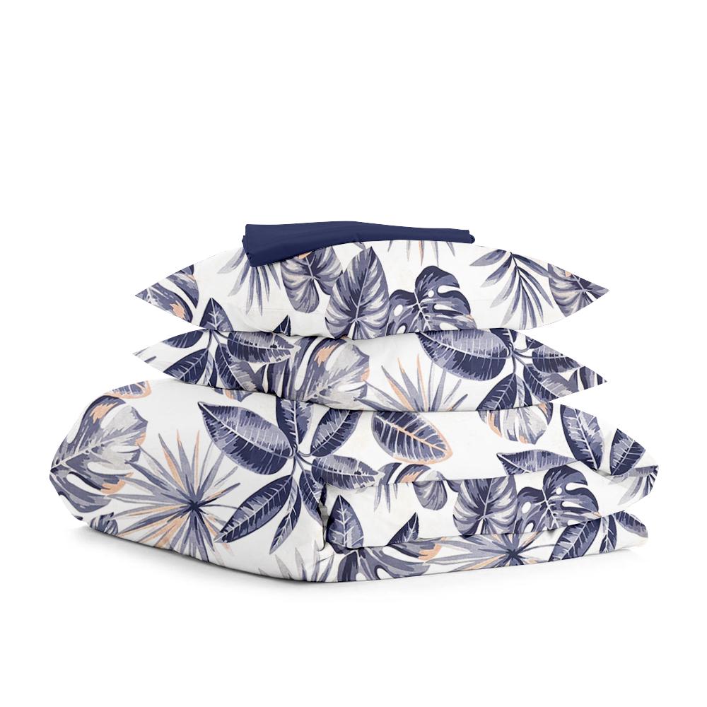 Комплект евро постельного белья Cosas Palm Leaves Grey Dark Blue 200х220 см на резинке (4822052069769)