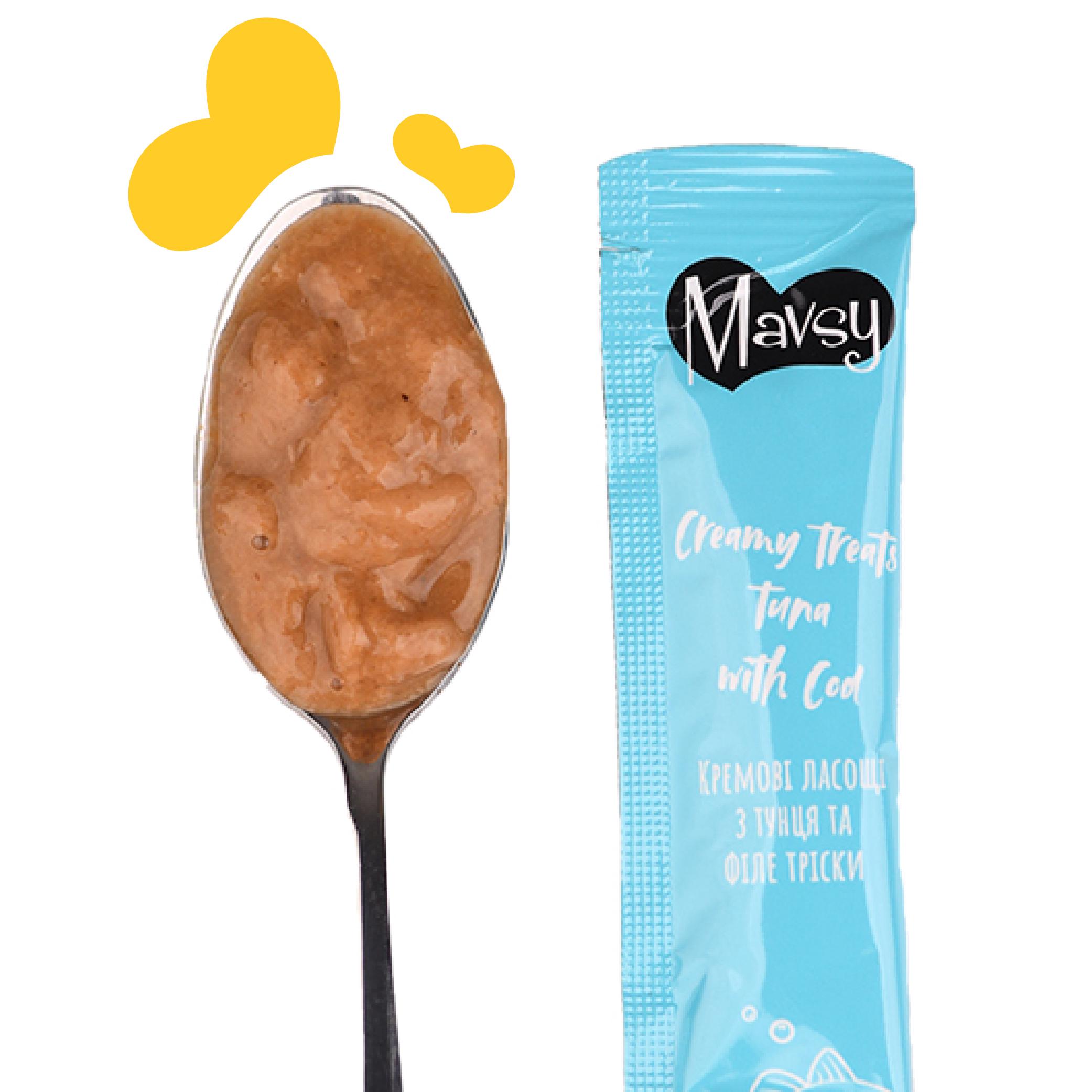 Ласощі для котів Mavsy Creamy lickable treats tuna with cod for cats 5х15 г - фото 3 Ласощі для котів Mavsy Creamy lickable treats tuna with cod for cats 5х15 г - фото 3