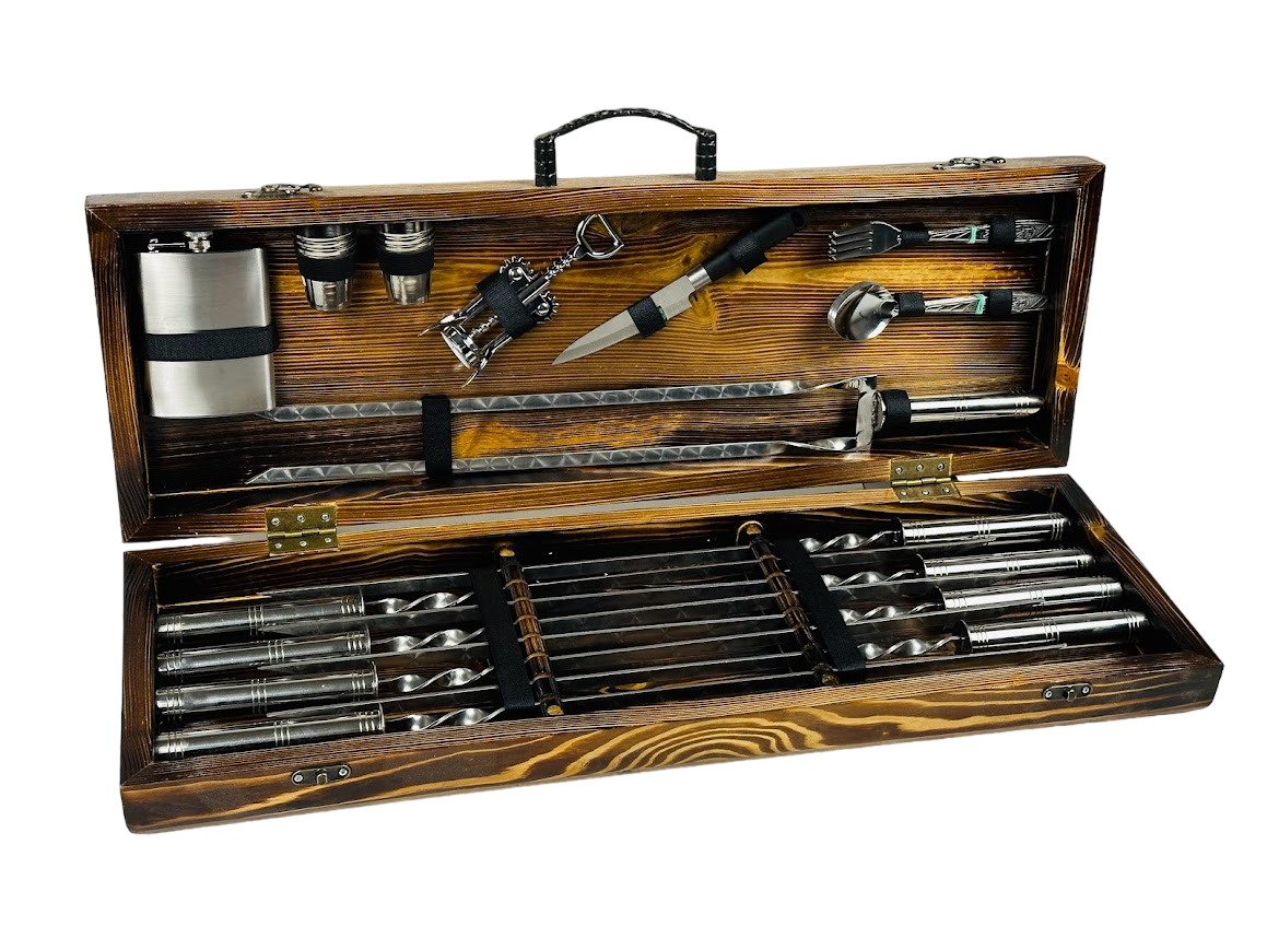 Набір шампурів подарунковий Стальний у дерев'яному кейсі на 30 предметів (106-10-KS-7809)