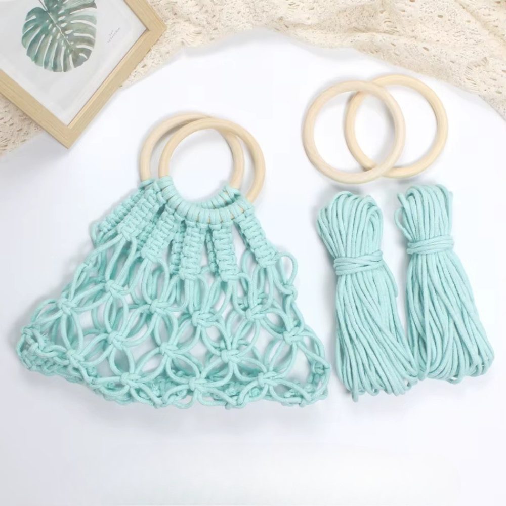 Набор макраме для рукоделия и творчества для ручного вязания ажурной плетеной сумки 29х26 см Мятный