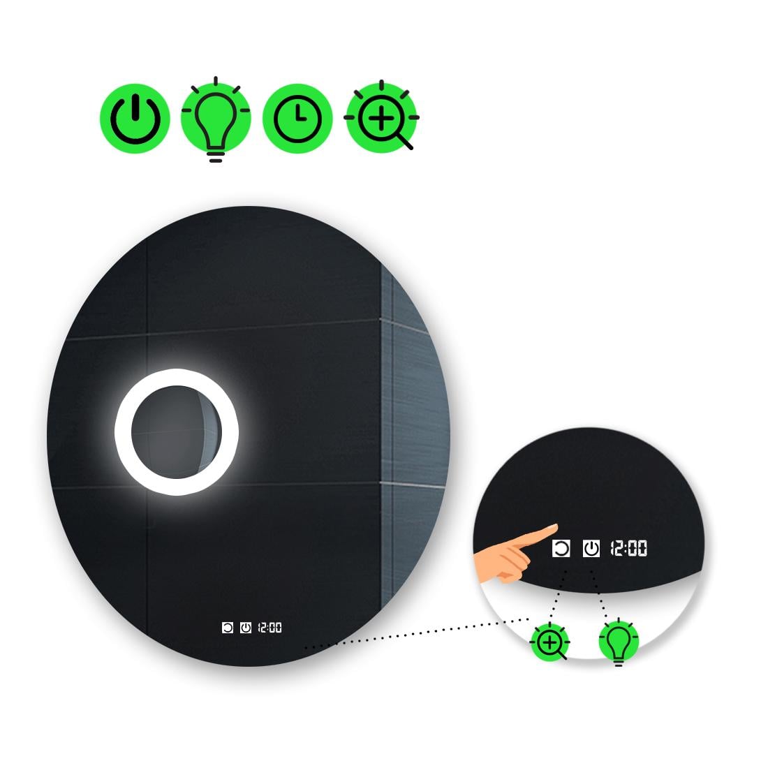 LED-зеркало 60x60 см с двумя сенсорами часами и линзой с подсветкой модель Adeo