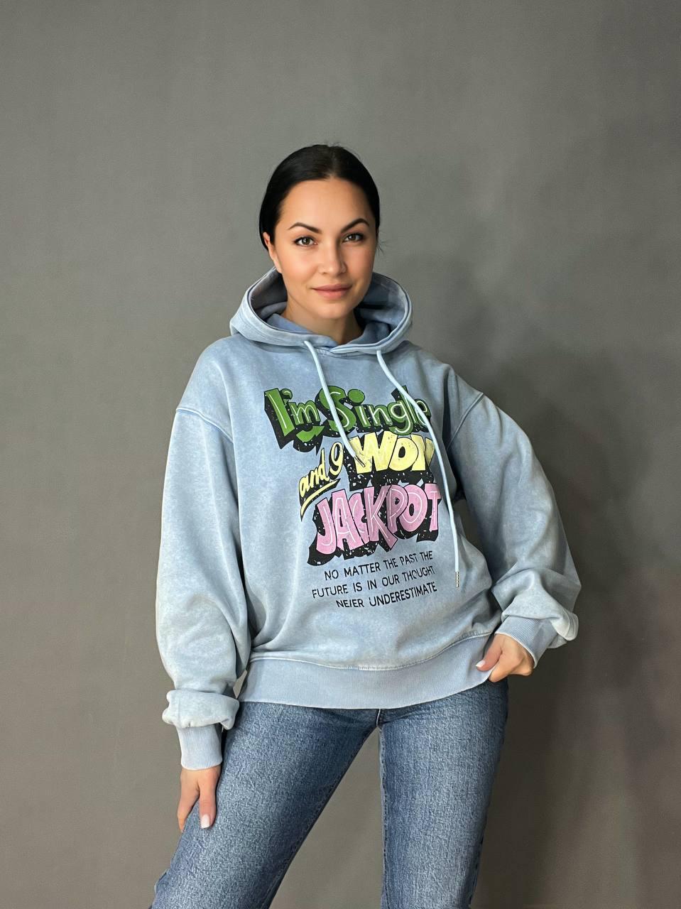 Худі жіночий A-N 25040 подовжений з капюшоном варений тай дай OS Блакитний (3432) - фото 4