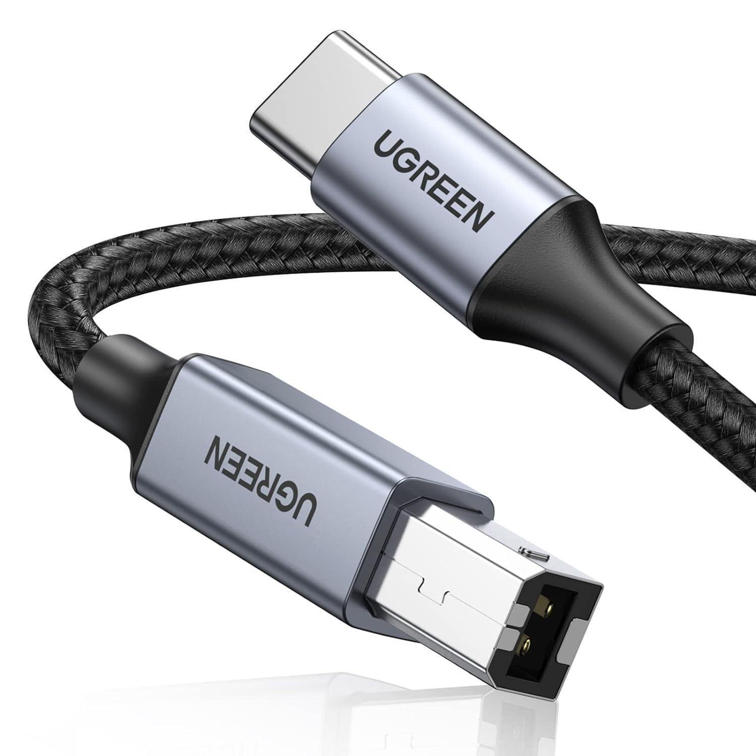 Кабель для принтера UGREEN Type-C-USB Type-B 2.0 480 Мбіт/с USB-C на USB-B нейлоновий Чорий 0,5 м (25117)