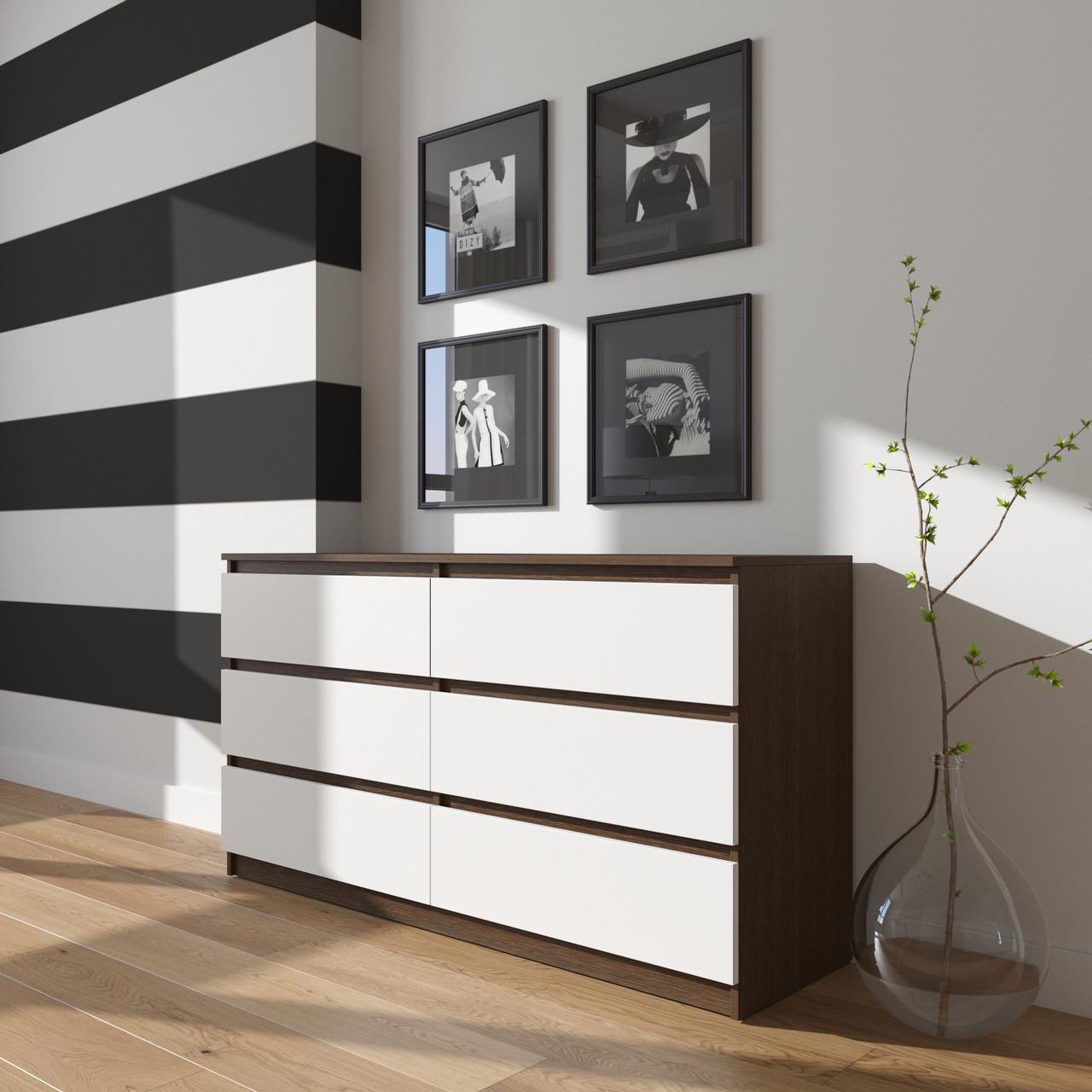 Комод VAYS 6 ящиков телескопические направляющие 140х40х75 см Венге темный/Белый (30778580)