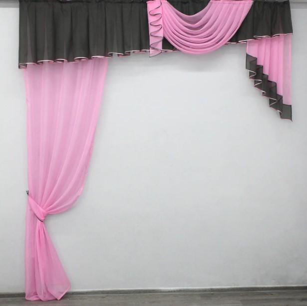 Комплект ламбрекен/шторки на карниз 2,5 м Розовый/Серый (е832)
