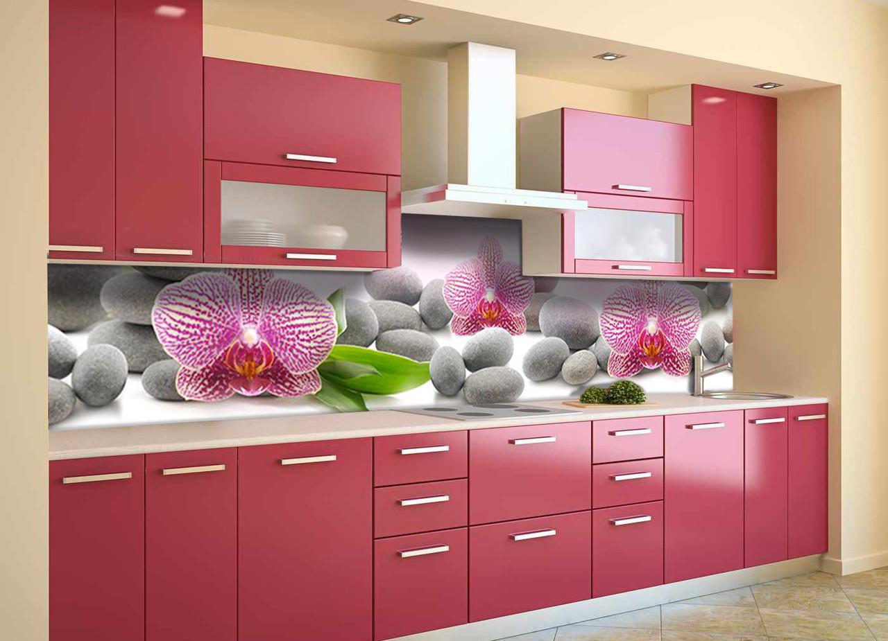 Кухонный фартук Орхидеи и серые камни из самоклеющейся виниловой пленки 60х300 см Розовый