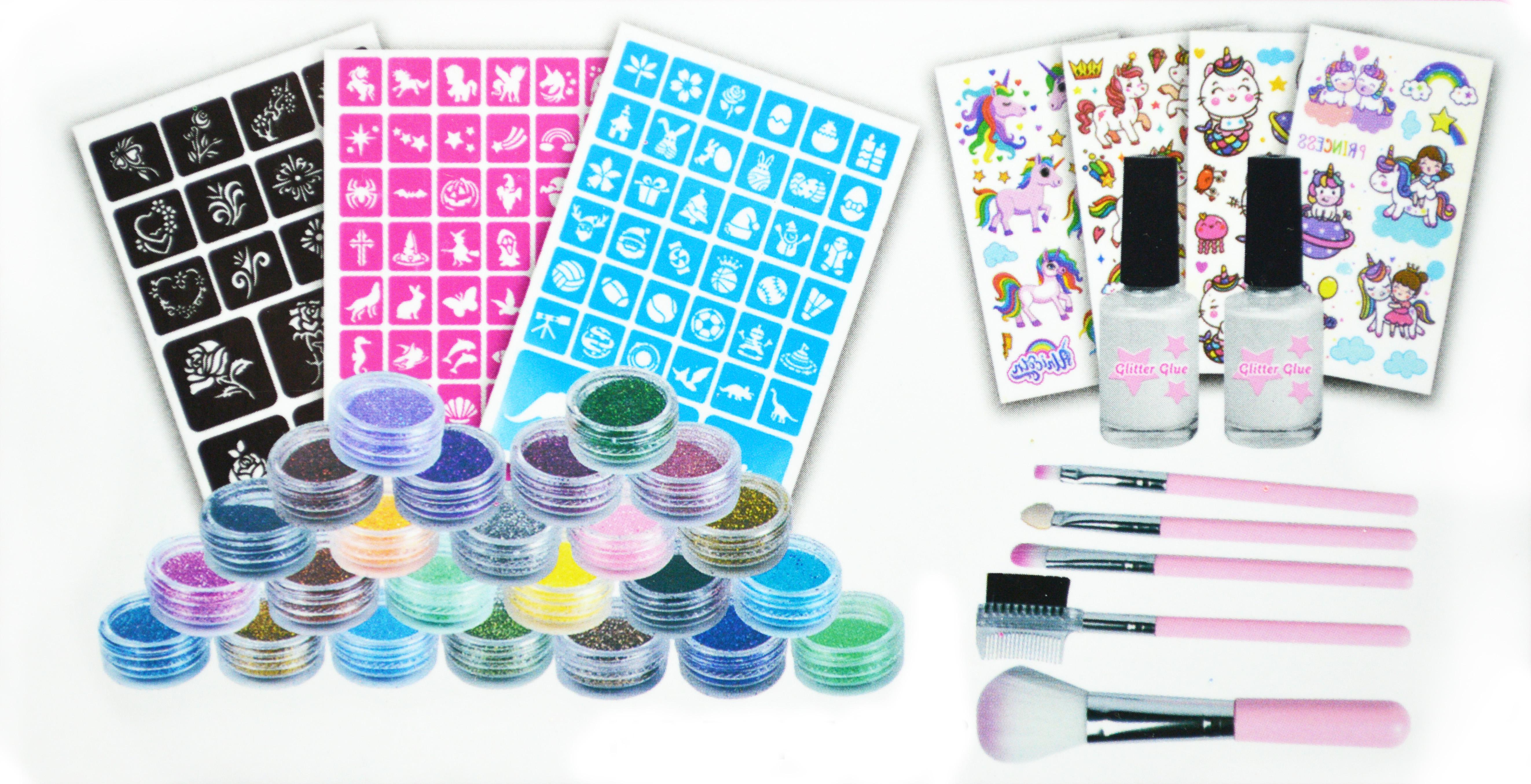 Детский набор для тату 784-5 24 цвета глиттера 2 бутылочки клея трафареты переводные тату - фото 2 Детский набор для тату 784-5 24 цвета глиттера 2 бутылочки клея трафареты переводные тату - фото 2