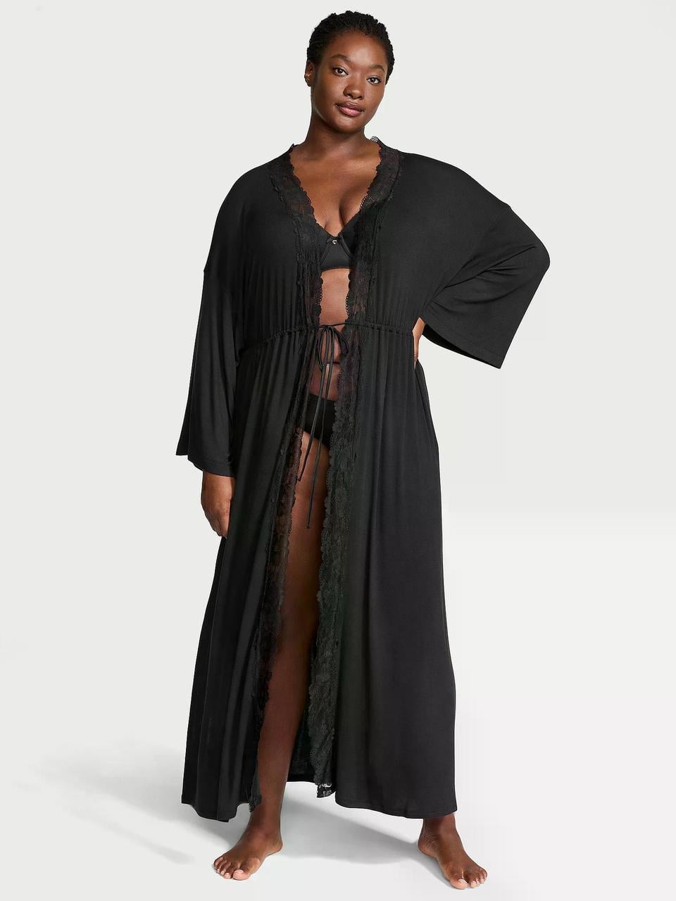 Халат жіночий Victoria's Secret Modal Ribbed Lace-Trim Long Robe з мереживом M/L Чорний (37022162)