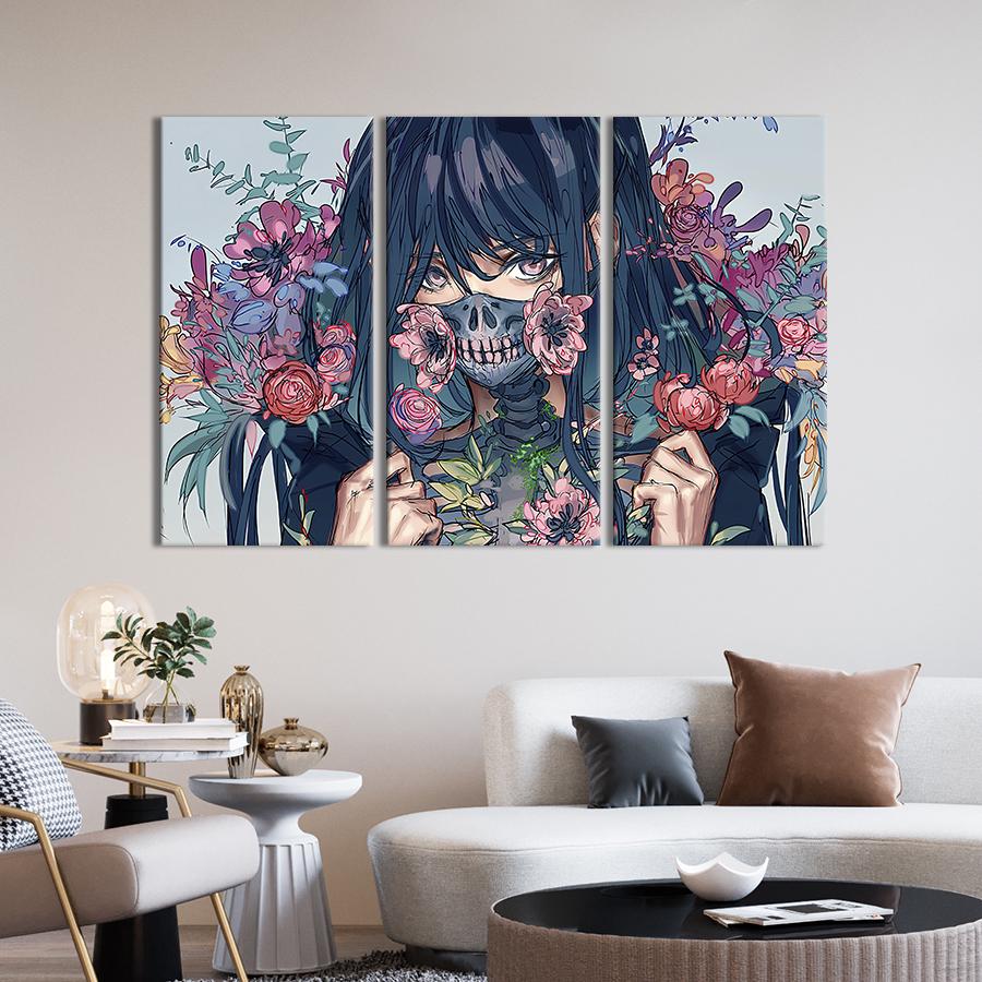 Модульная картина триптих Аниме девушка в маске и с цветами 78x48 см (679-31)